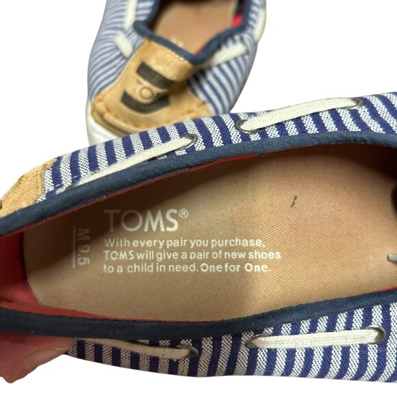 Toms Mens Culver Fabric Boat Shoe Size 9 1/2 Blue Stripe Tie Closed Toe - Picture 3 of 7